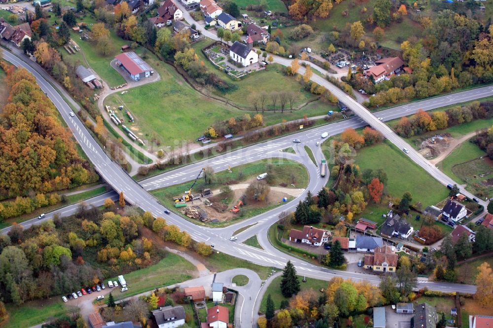 Schopfheim von oben - Abfahrt der Bundesstraße B317 auf die B518 in Schopfheim im Bundesland Baden-Württemberg, Deutschland