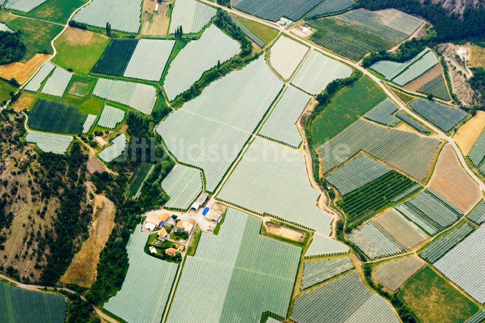 Luftbild Vitrolles - Abgedeckte Baumreihen einer Obstanbau- Plantage auf einem Feld in Vitrolles in Provence-Alpes-Cote d'Azur, Frankreich