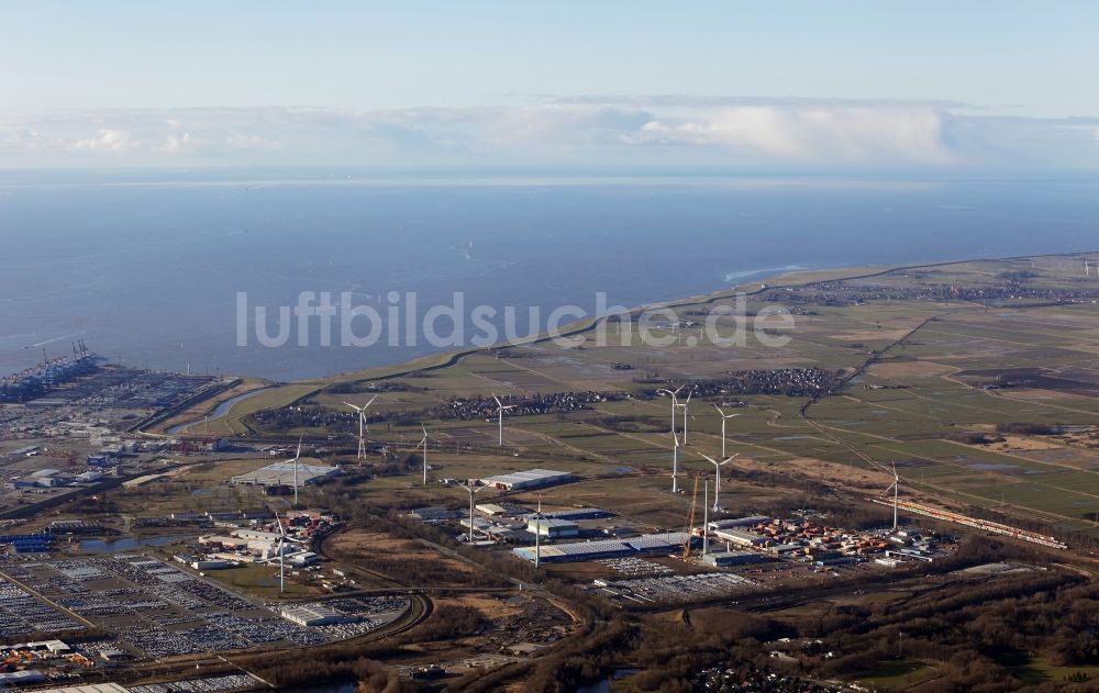 Bremerhaven aus der Vogelperspektive: Abstellflächen des Logistik- Unternehmens BLG Automotive Logistics GmbH & Co. KG am Überseehafen in Bremerhaven im Bundesland Bremen