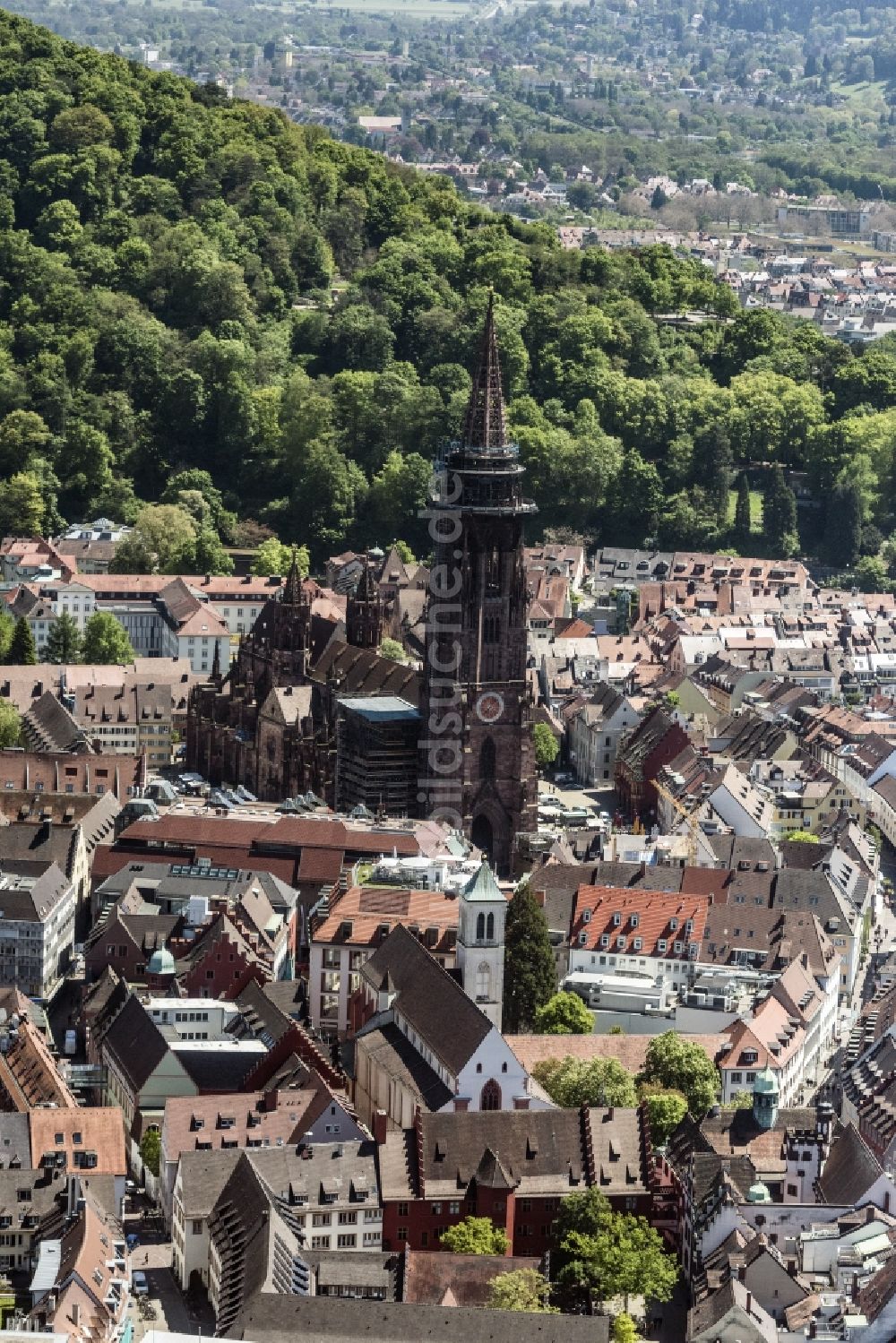 Freiburg im Breisgau aus der Vogelperspektive: Altstadtbereich und Innenstadtzentrum und Freiburger Münster in Freiburg im Breisgau im Bundesland Baden-Württemberg, Deutschland