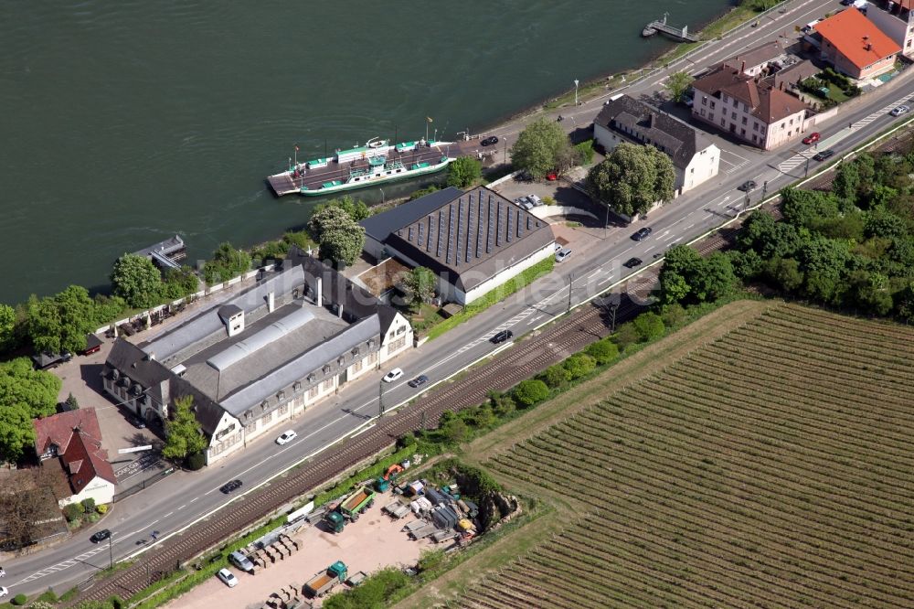 Nierstein von oben - Ankunft eines Fähr- Schiffes an der Anlegestelle in Nierstein im Bundesland Rheinland-Pfalz, Deutschland