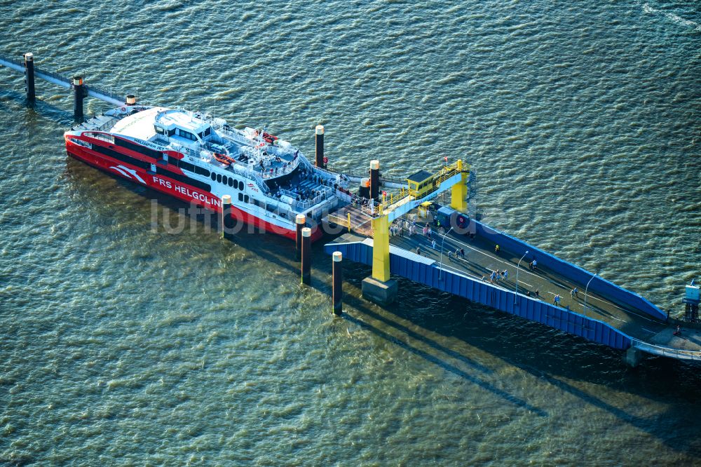 Brunsbüttel aus der Vogelperspektive: Anlegendes Fähr- Schiff Halunder Jet der FRS Reederei am Elbanleger in Brunsbüttel im Bundesland Schleswig-Holstein, Deutschland