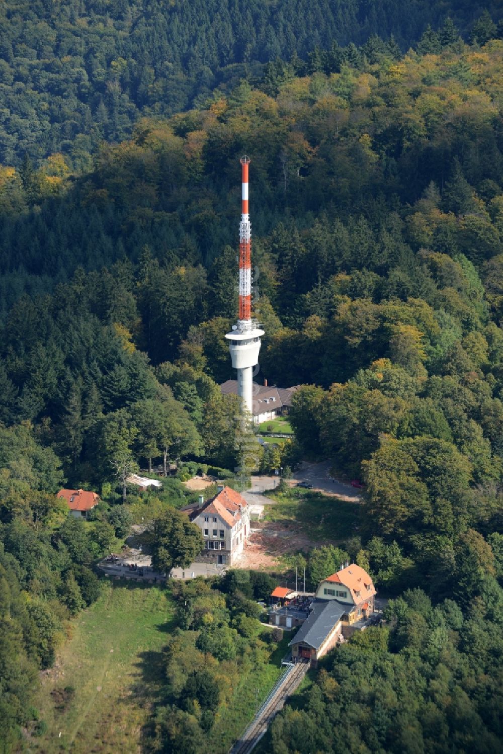 Luftaufnahme Heidelberg - Antennen- Sendeturm und Funkmast auf dem Königsstuhl in Heidelberg im Bundesland Baden-Württemberg