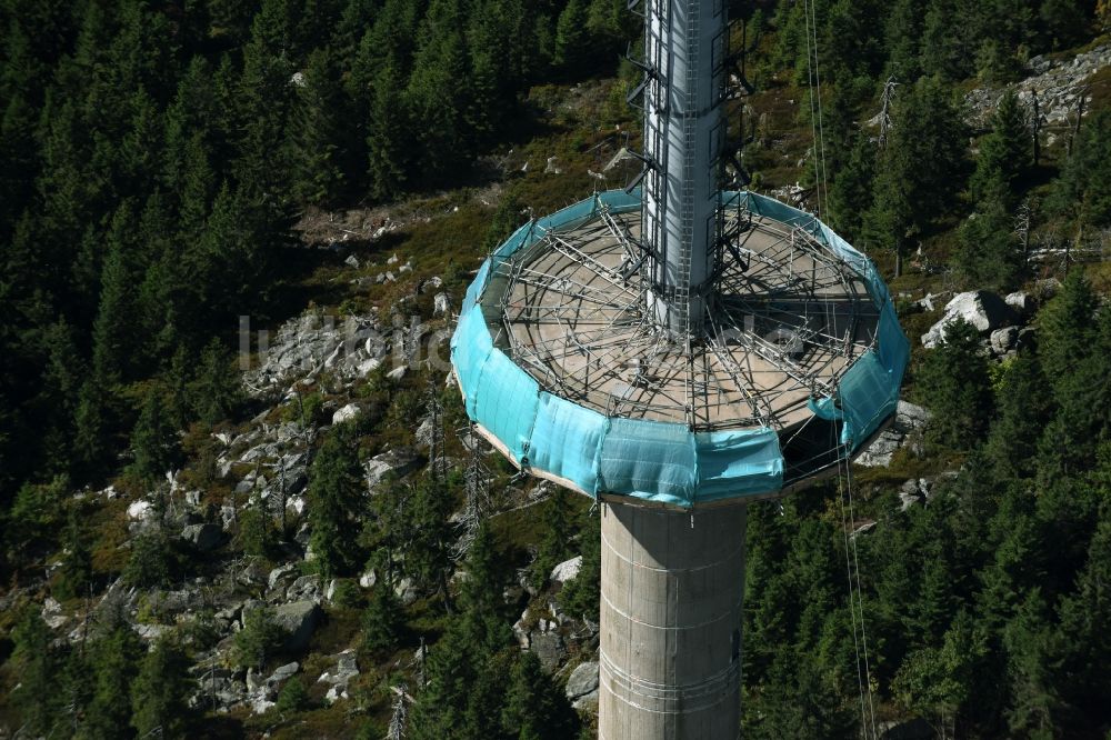 Bischofsgrün aus der Vogelperspektive: Antennen- Sendeturm und Funkmast Sender Ochsenkopf in Bischofsgrün im Bundesland Bayern