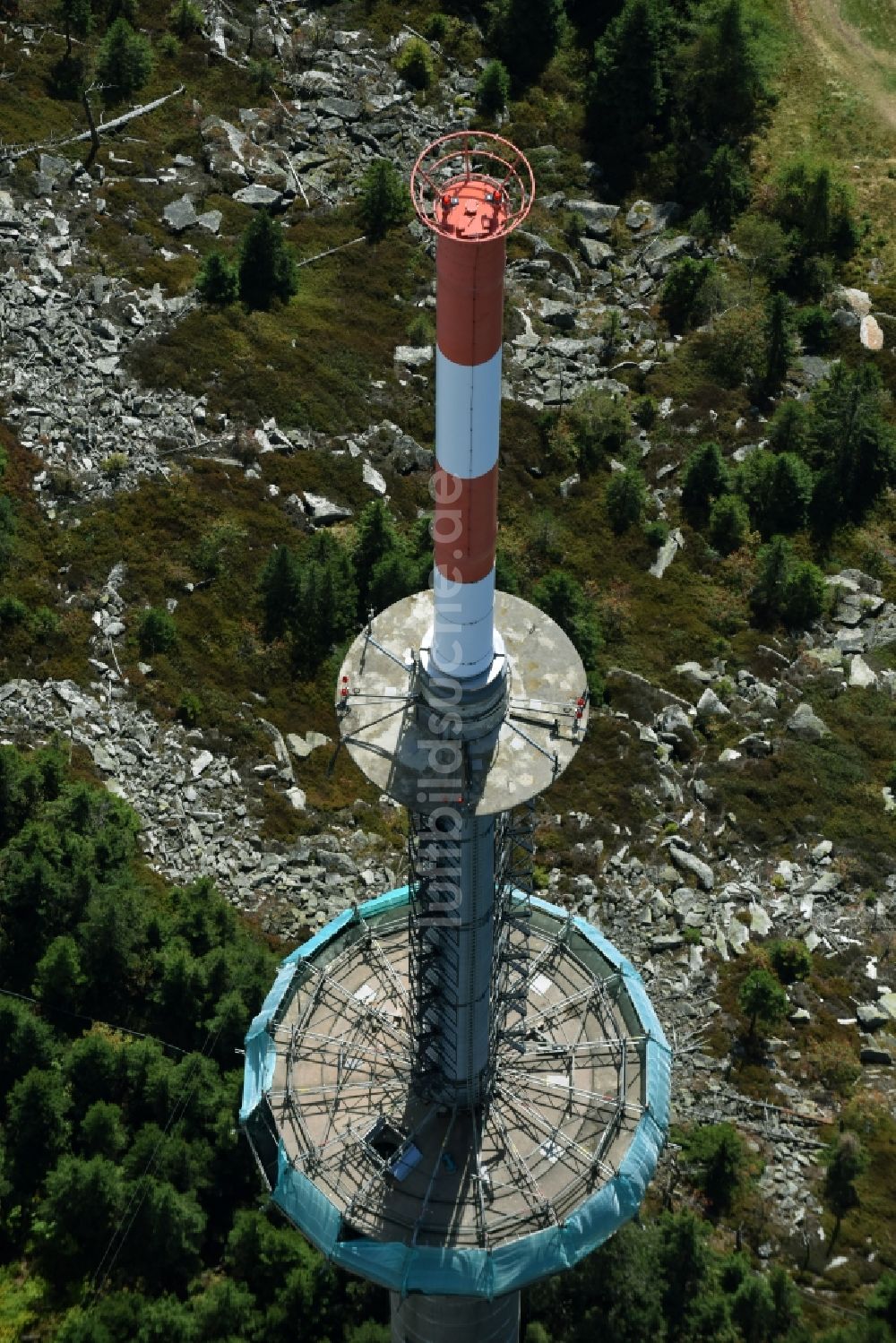 Bischofsgrün von oben - Antennen- Sendeturm und Funkmast Sender Ochsenkopf in Bischofsgrün im Bundesland Bayern