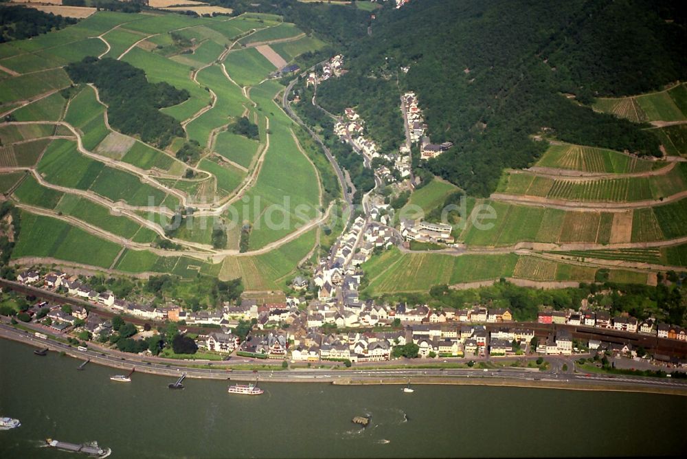 Rüdesheim am Rhein aus der Vogelperspektive: Assmannshausen, Ortsteil von Rüdesheim am Ufer des Flußes Rhein im Bundesland Hessen