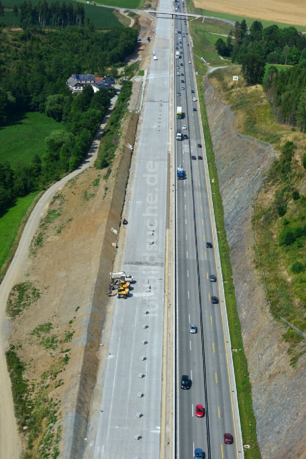 Görkwitz aus der Vogelperspektive: Ausbau- Arbeiten und Baustellen an der Streckenführung der BAB Bundesautobahn A9 bei Görkwitz in Thüringen