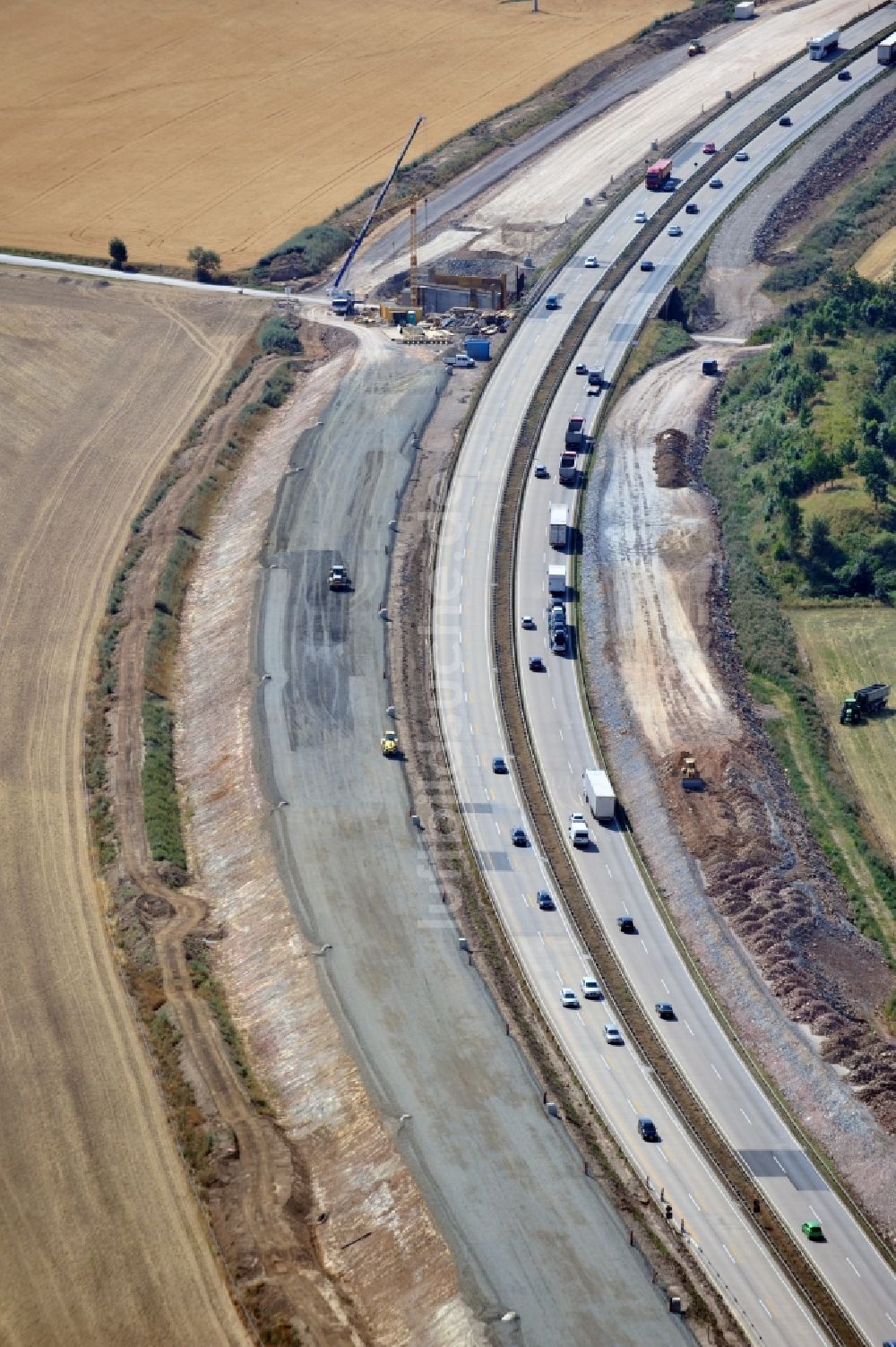 Lemnitz aus der Vogelperspektive: Ausbau- Arbeiten und Baustellen an der Streckenführung der BAB Bundesautobahn A9 bei Lemnitz in Thüringen