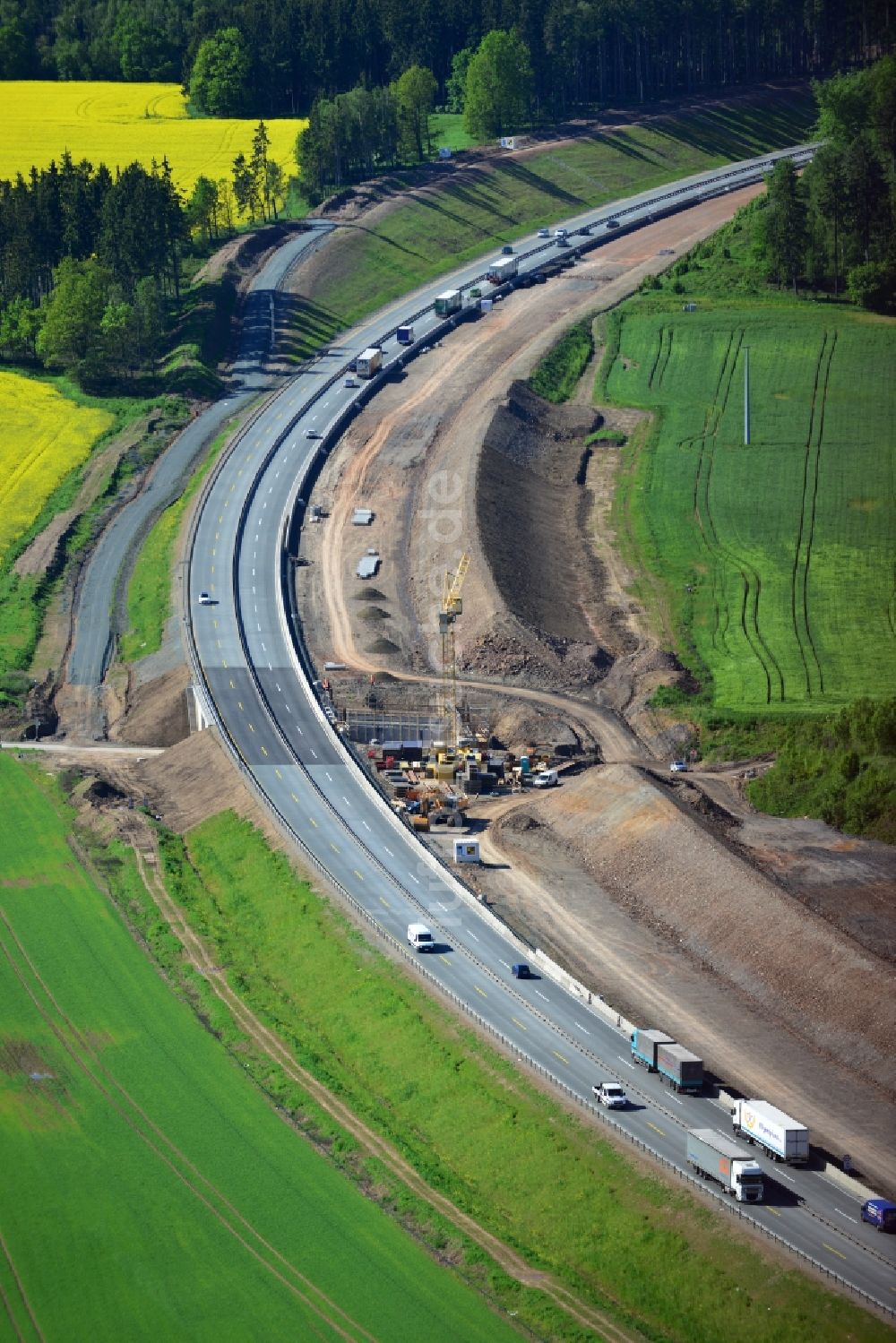 Luftaufnahme Lemnitz - Ausbau- Arbeiten und Baustellen an der Streckenführung der BAB Bundesautobahn A9 bei Lemnitz in Thüringen