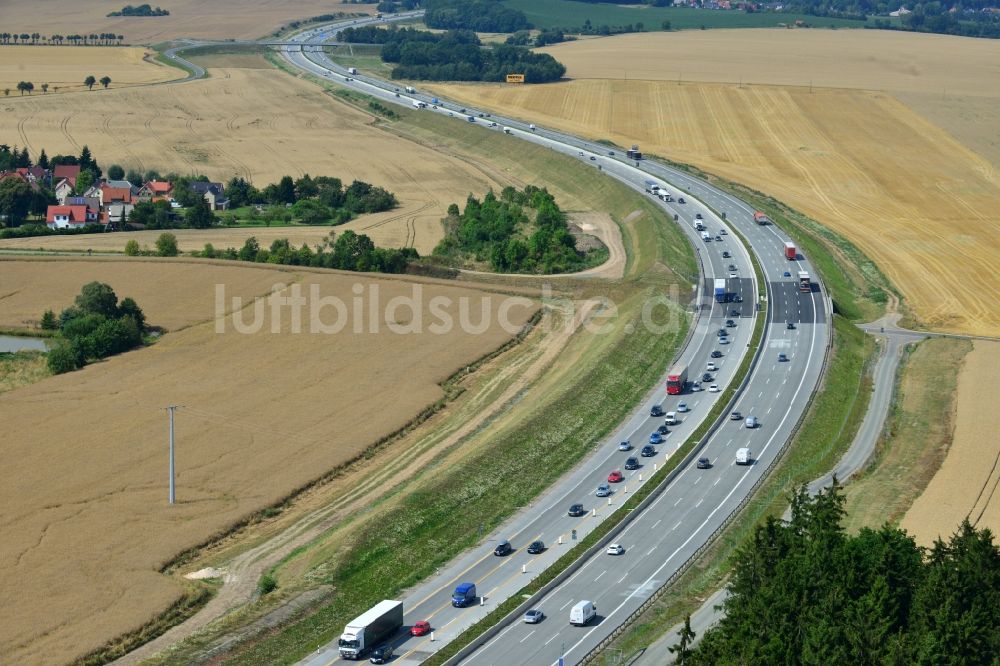 Luftaufnahme Lemnitz - Ausbau- Arbeiten und Baustellen an der Streckenführung der BAB Bundesautobahn A9 bei Lemnitz in Thüringen