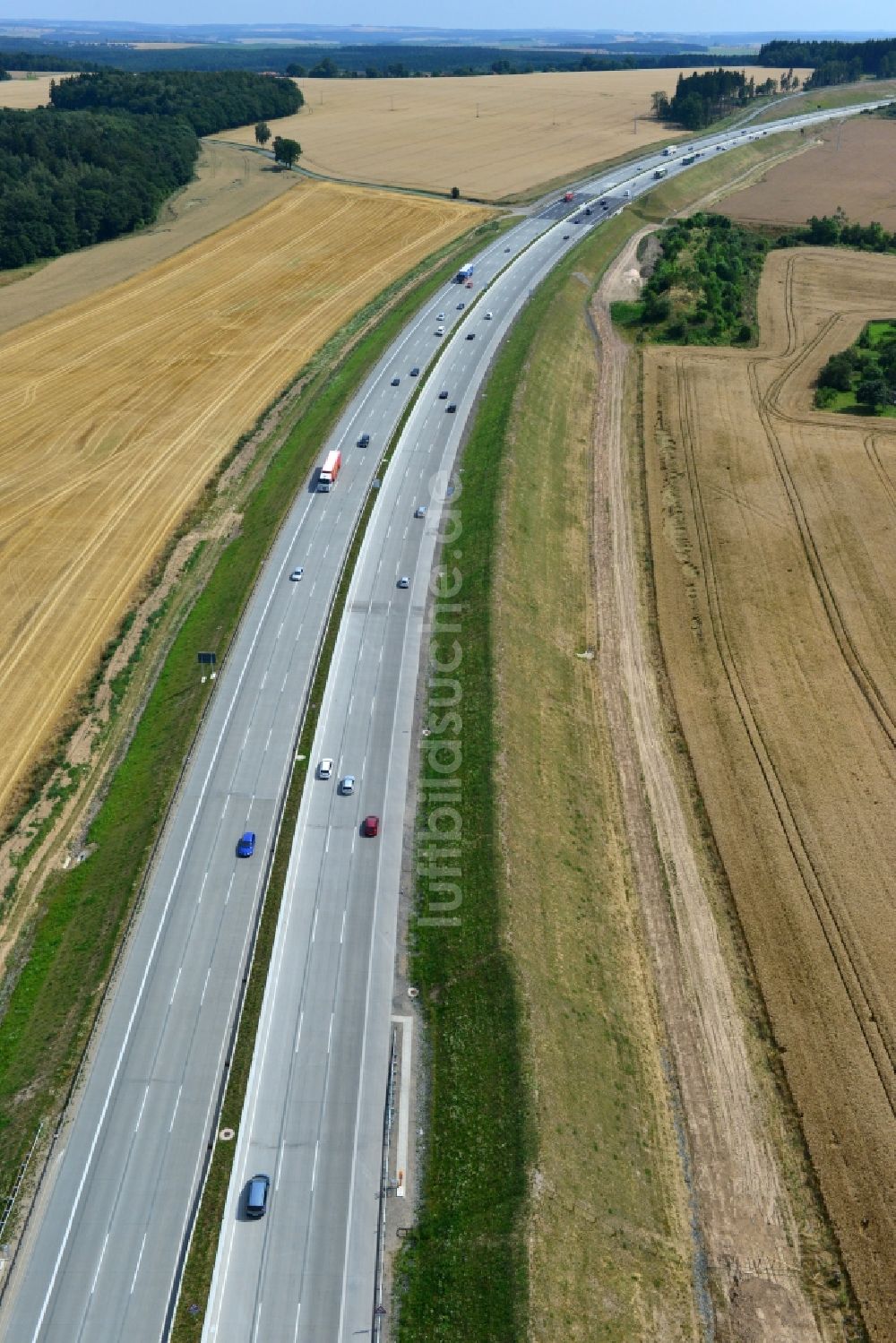 Luftaufnahme Lemnitz - Ausbau- Arbeiten und Baustellen an der Streckenführung der BAB Bundesautobahn A9 bei Lemnitz in Thüringen