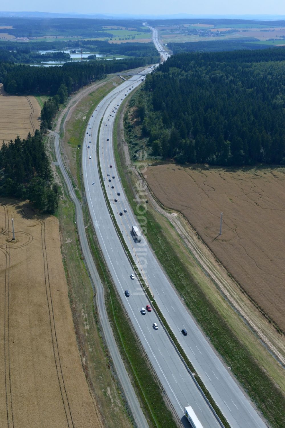 Luftaufnahme Lemnitz - Ausbau- Arbeiten und Baustellen an der Streckenführung der BAB Bundesautobahn A9 bei Lemnitz in Thüringen