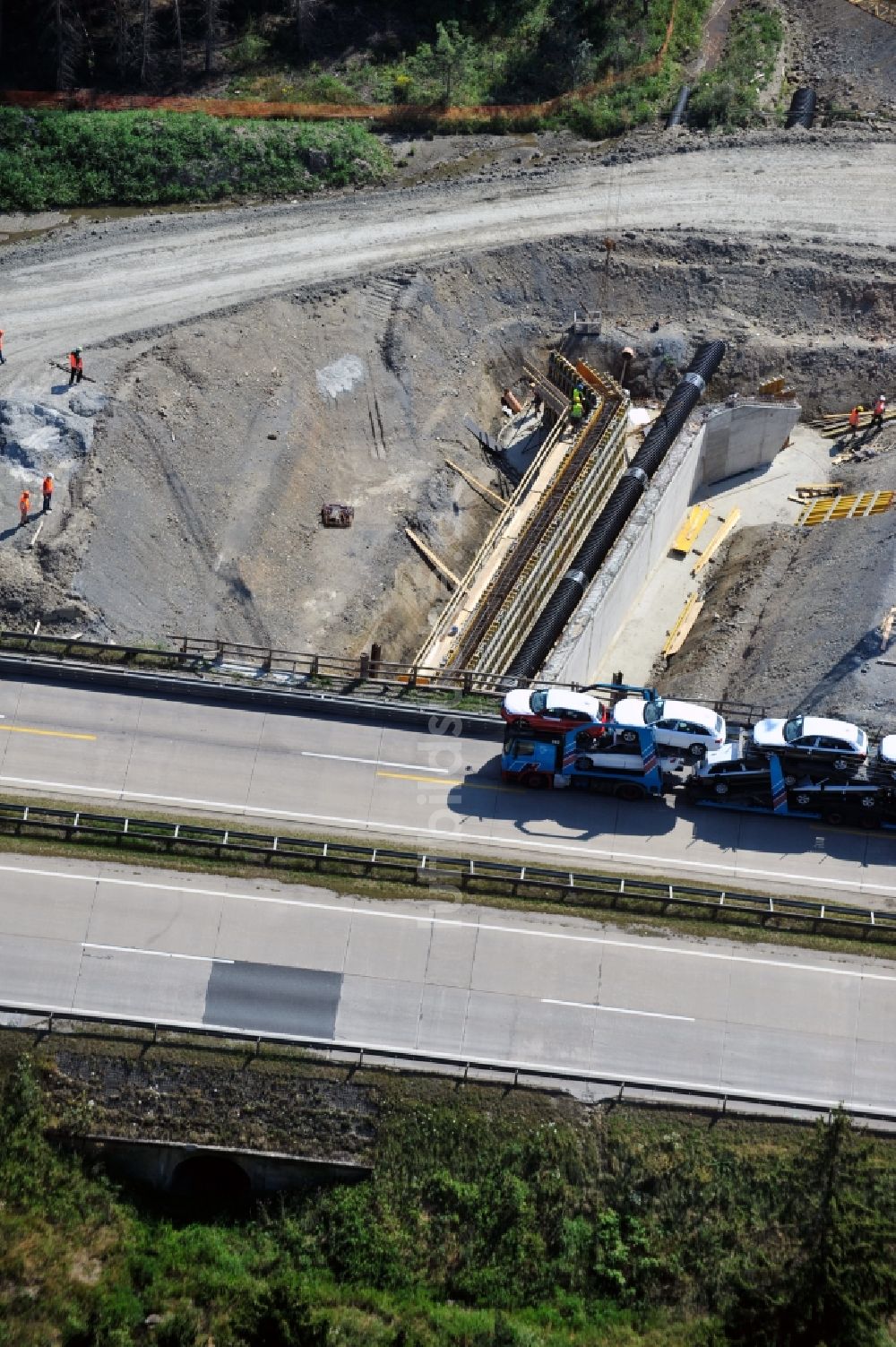 Luftbild Pahnstangen - Ausbau- Arbeiten und Baustellen an der Streckenführung der BAB Bundesautobahn A9 bei Pahnstangen in Thüringen