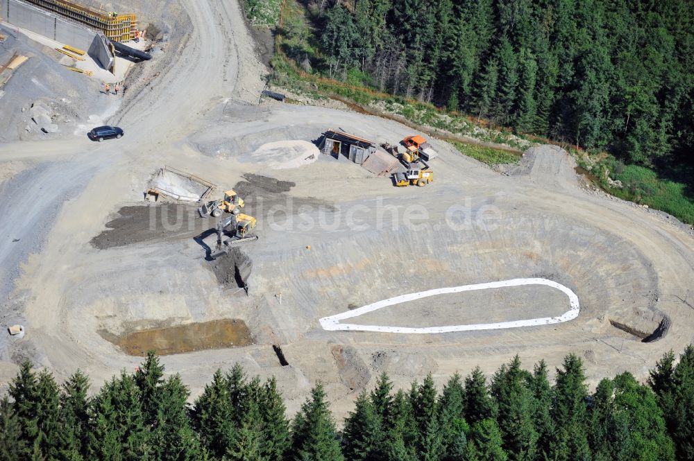 Pahnstangen aus der Vogelperspektive: Ausbau- Arbeiten und Baustellen an der Streckenführung der BAB Bundesautobahn A9 bei Pahnstangen in Thüringen