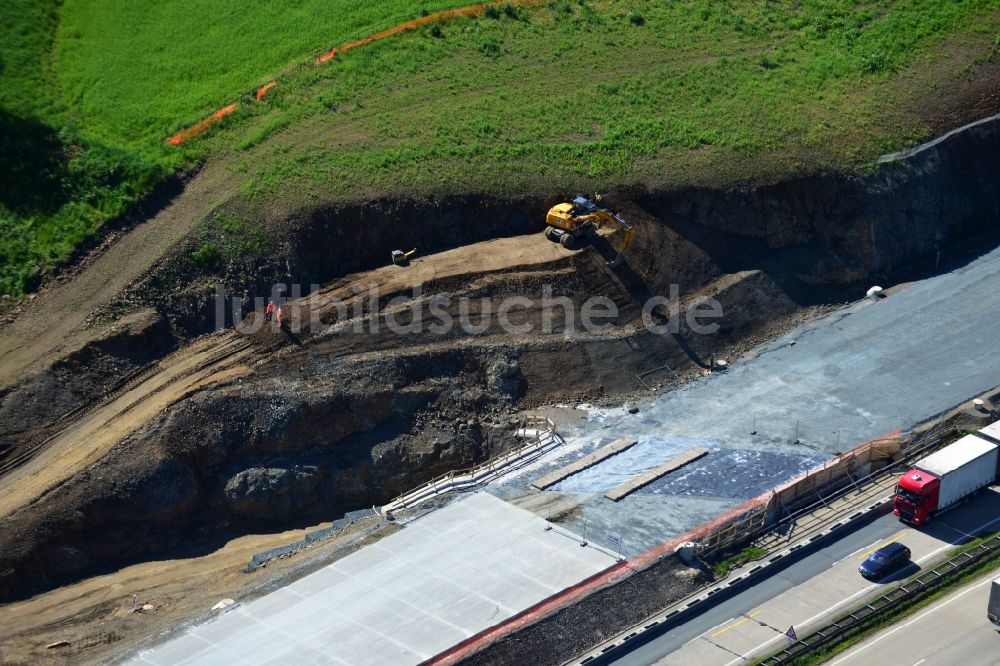 Pahnstangen aus der Vogelperspektive: Ausbau- Arbeiten und Baustellen an der Streckenführung der BAB Bundesautobahn A9 bei Pahnstangen in Thüringen