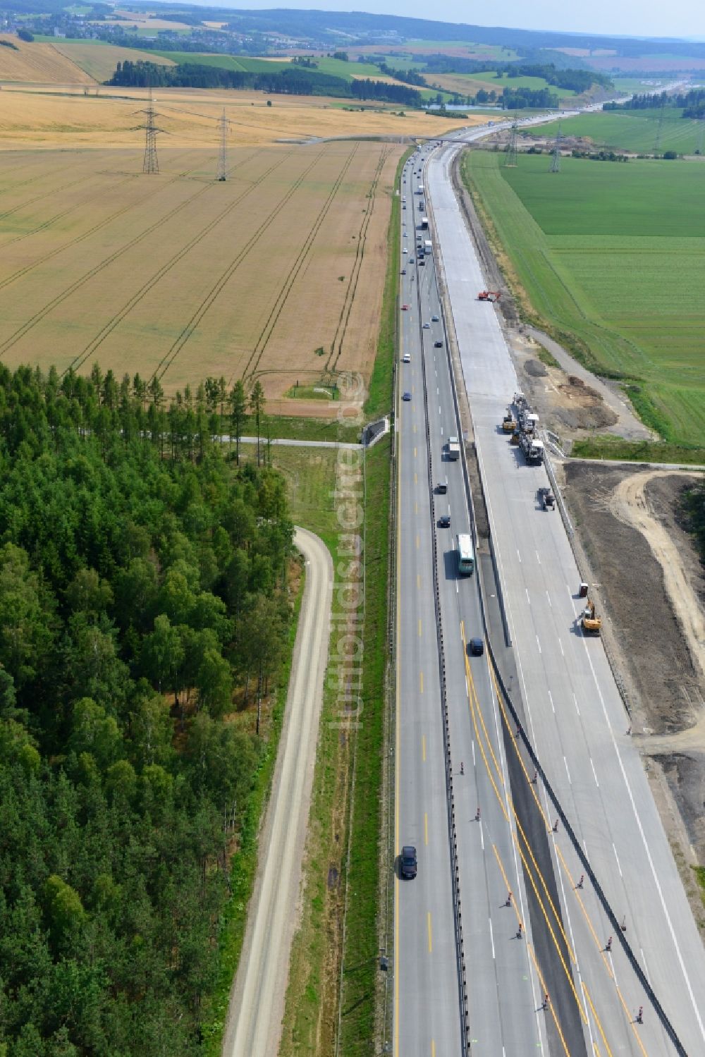 Luftbild Pörmitz - Ausbau- Arbeiten und Baustellen an der Streckenführung der BAB Bundesautobahn A9 bei Pörmitz in Thüringen