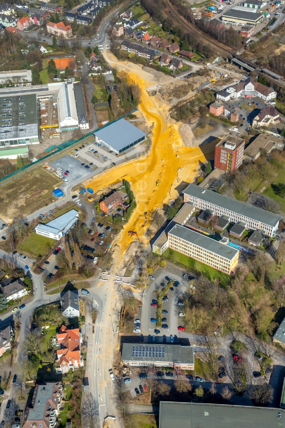 Luftaufnahme Dorsten - Ausbau des Straßenverlaufes Bismarckstraße - An der Wienbecke im Ortsteil Hervest in Dorsten im Bundesland Nordrhein-Westfalen