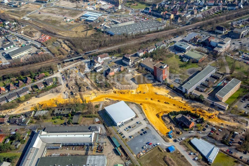 Dorsten aus der Vogelperspektive: Ausbau des Straßenverlaufes Bismarckstraße - An der Wienbecke im Ortsteil Hervest in Dorsten im Bundesland Nordrhein-Westfalen