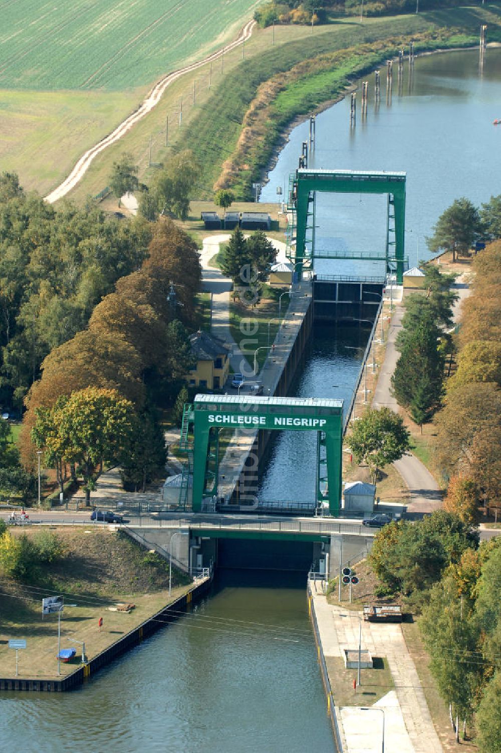 Luftaufnahme Niegripp - Ausbauarbeiten an der Schleuse Niegripp am Elbe-Havel-Kanal