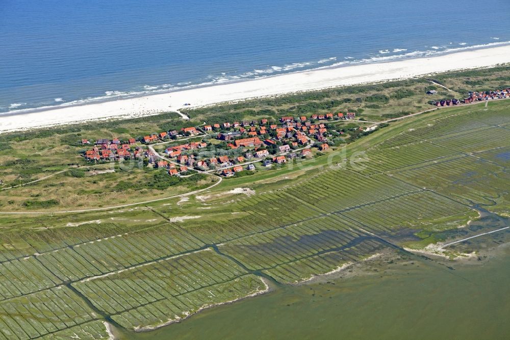 Juist aus der Vogelperspektive: Ausgedehnte Sandstrandflächen auf der Ostfriesischen Insel Juist im Bundesland Niedersachsen