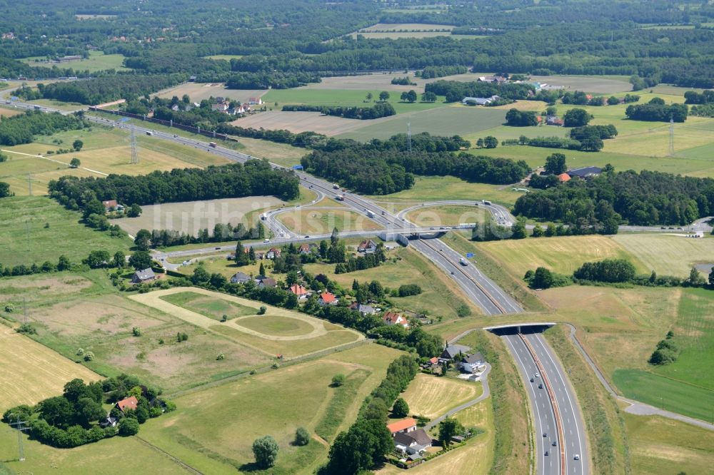 Bielefeld aus der Vogelperspektive: Autobahn- Abfahrt der BAB A33 Bielefeld-Senne in Bielefeld im Bundesland Nordrhein-Westfalen