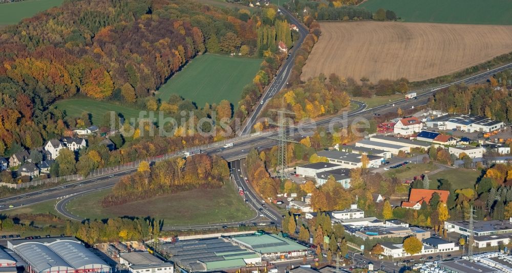 Witten von oben - Autobahn- Abfahrt der BAB A44 in Witten im Bundesland Nordrhein-Westfalen