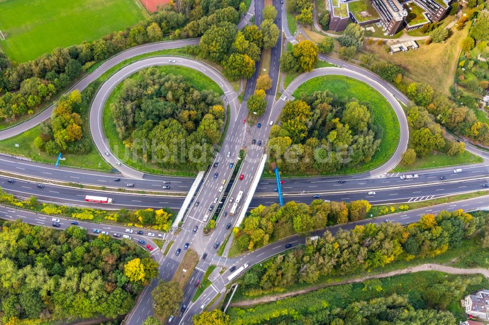 Luftbild Bochum - Autobahn- Anschlussstelle der BAB A448 im Ortsteil Wiemelhausen in Bochum im Bundesland Nordrhein-Westfalen, Deutschland