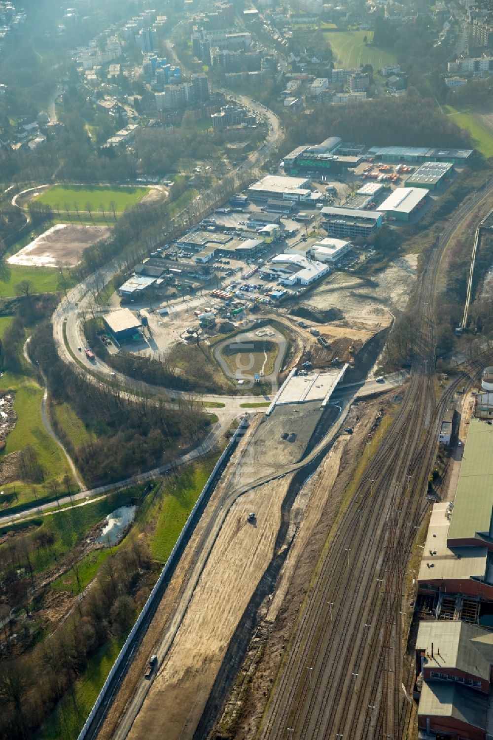 Luftaufnahme Bochum - Autobahn- Ausbau und Spur- Verbreiterung im Streckenverlauf der BAB A44 in Bochum im Bundesland Nordrhein-Westfalen