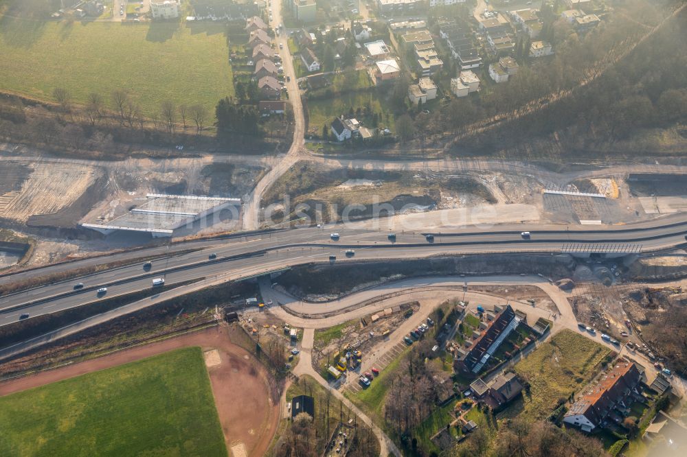 Luftaufnahme Bochum - Autobahn- Ausbau und Spur- Verbreiterung im Streckenverlauf der BAB A44 in Bochum im Bundesland Nordrhein-Westfalen, Deutschland