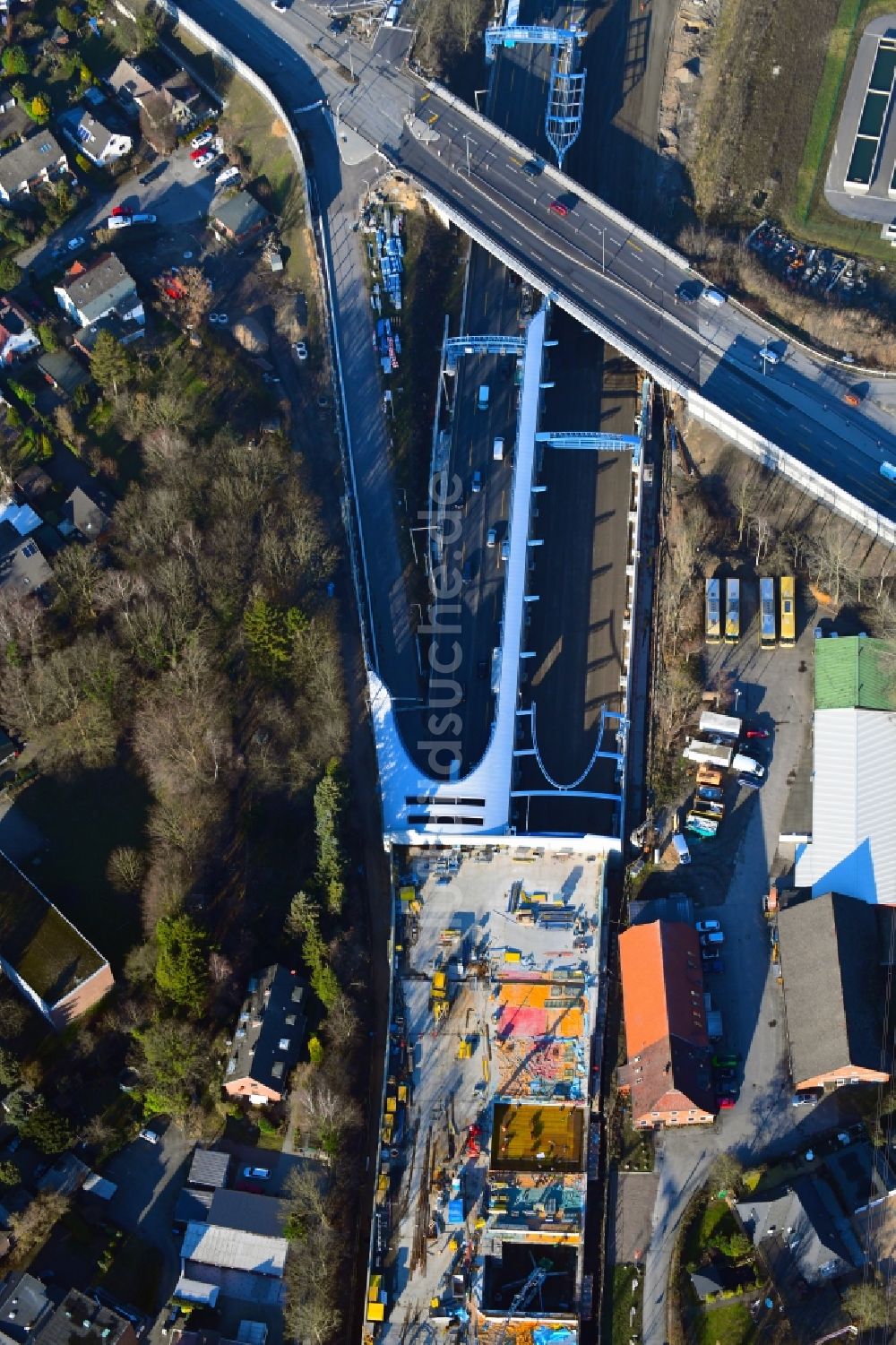 Luftbild Hamburg - Autobahn- Ausbau und Spur- Verbreiterung im Streckenverlauf der BAB A7 im Ortsteil Schnelsen in Hamburg, Deutschland