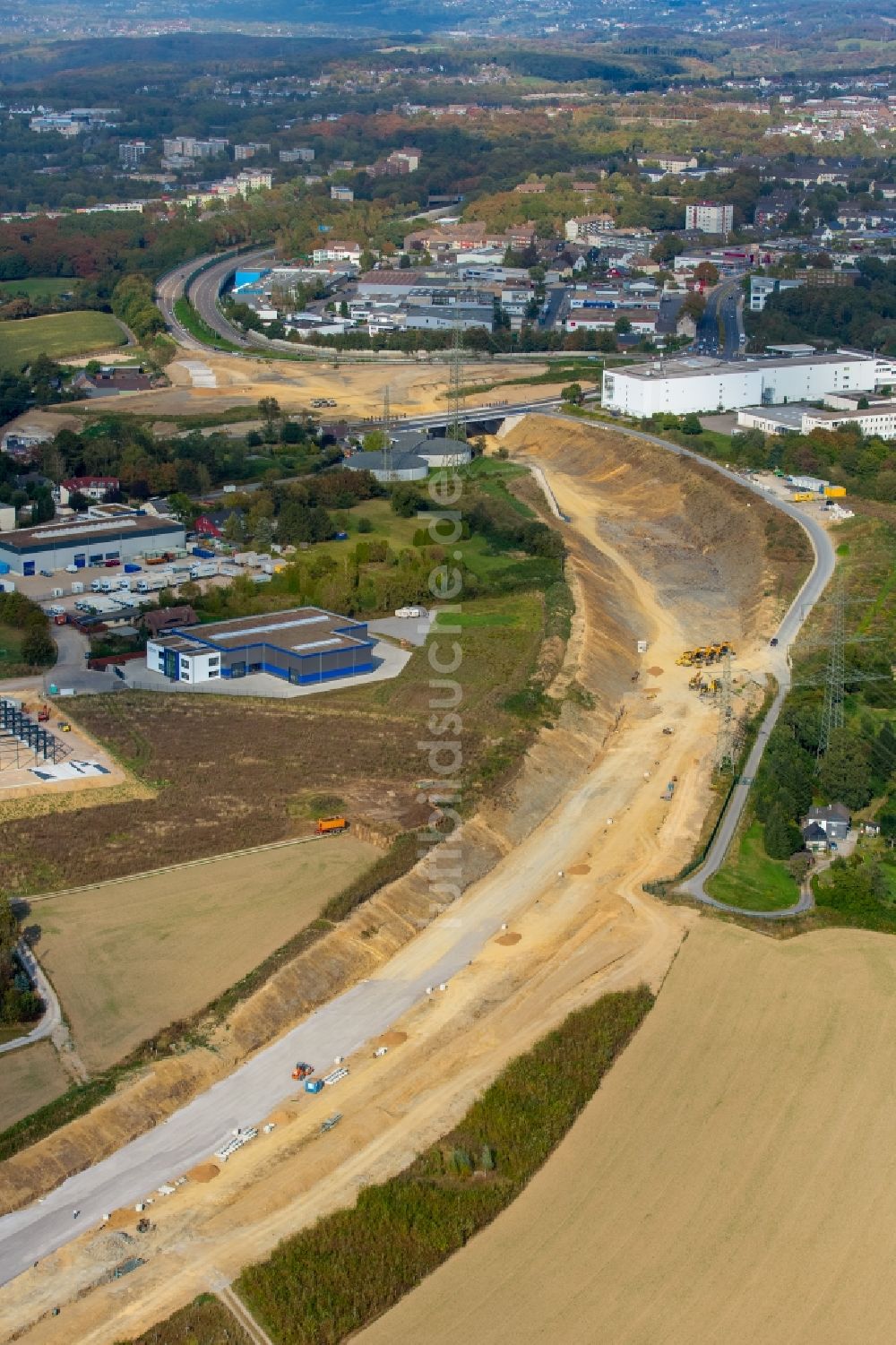 Luftaufnahme Velbert - Autobahn- Baustellen entlang der Trasse und des Streckenverlaufes der BAB Bundesautobahn A44 in Velbert im Bundesland Nordrhein-Westfalen