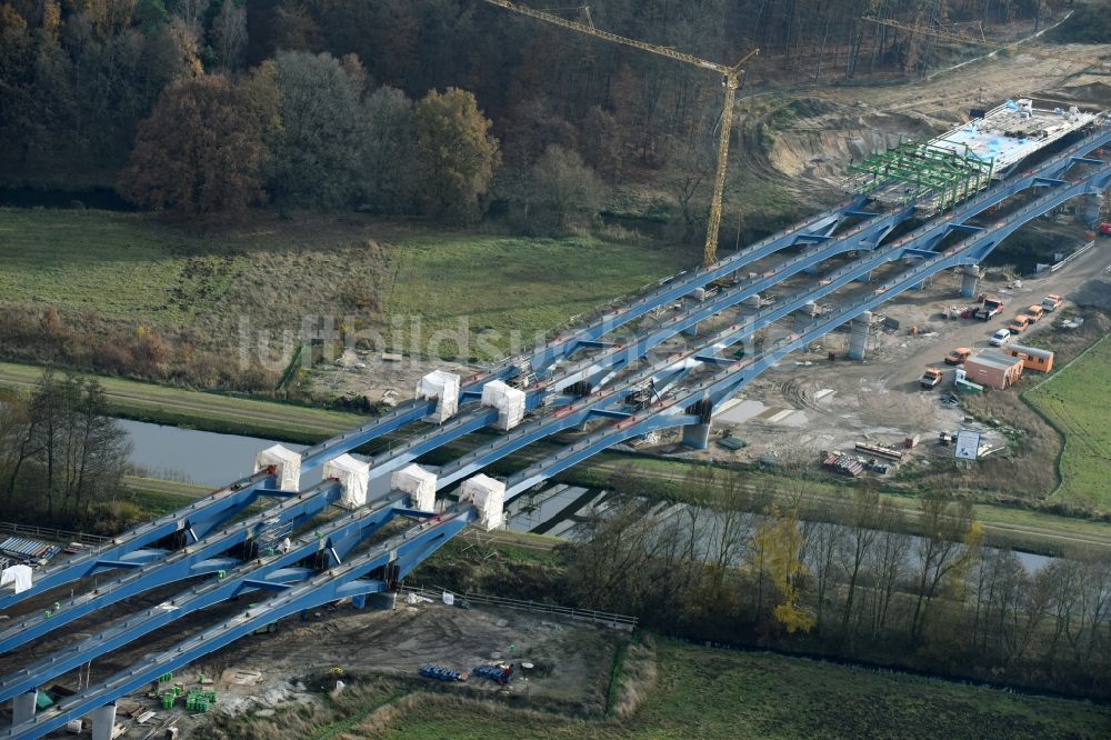 Luftaufnahme Grabow - Autobahn- Baustellen entlang der Trasse und des Streckenverlaufes der Eldebrücke im Zuge des Neubaus der BAB A14 in Fresenbrügge im Bundesland Mecklenburg-Vorpommern