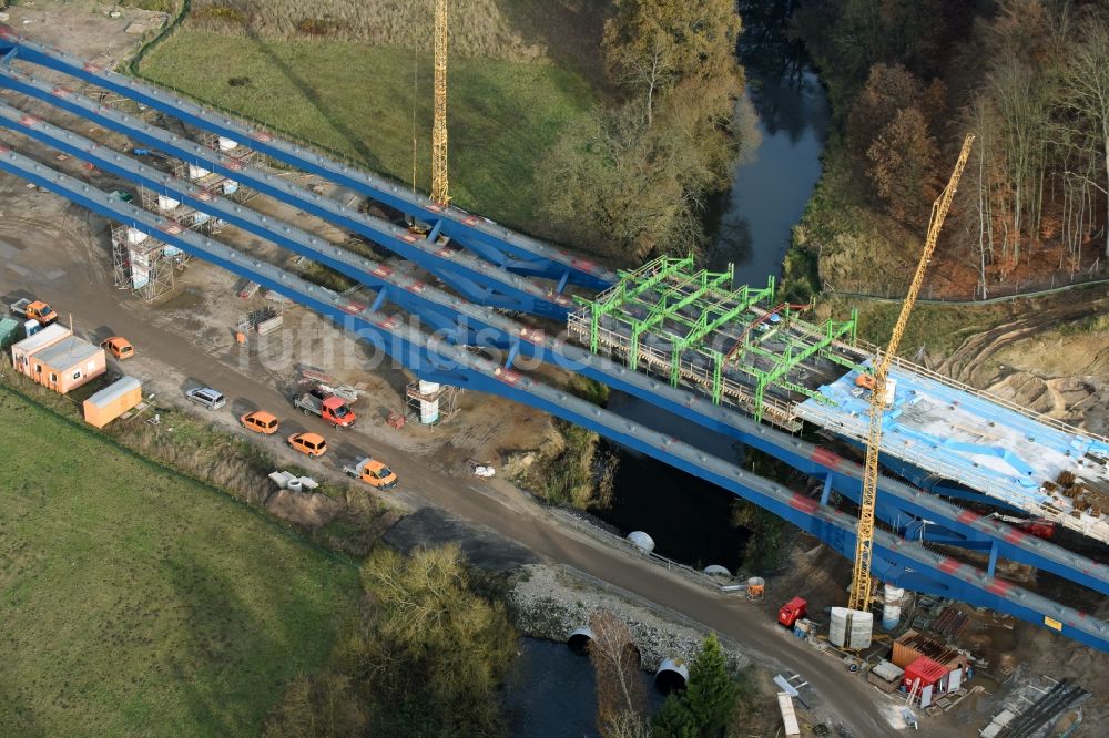 Luftbild Grabow - Autobahn- Baustellen entlang der Trasse und des Streckenverlaufes der Eldebrücke im Zuge des Neubaus der BAB A14 in Fresenbrügge im Bundesland Mecklenburg-Vorpommern