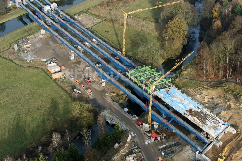 Luftaufnahme Grabow - Autobahn- Baustellen entlang der Trasse und des Streckenverlaufes der Eldebrücke im Zuge des Neubaus der BAB A14 in Fresenbrügge im Bundesland Mecklenburg-Vorpommern