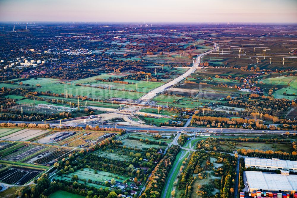 Hamburg aus der Vogelperspektive: Autobahn- Baustellen entlang der Trasse und des Streckenverlaufes der A26 West in Hamburg, Deutschland