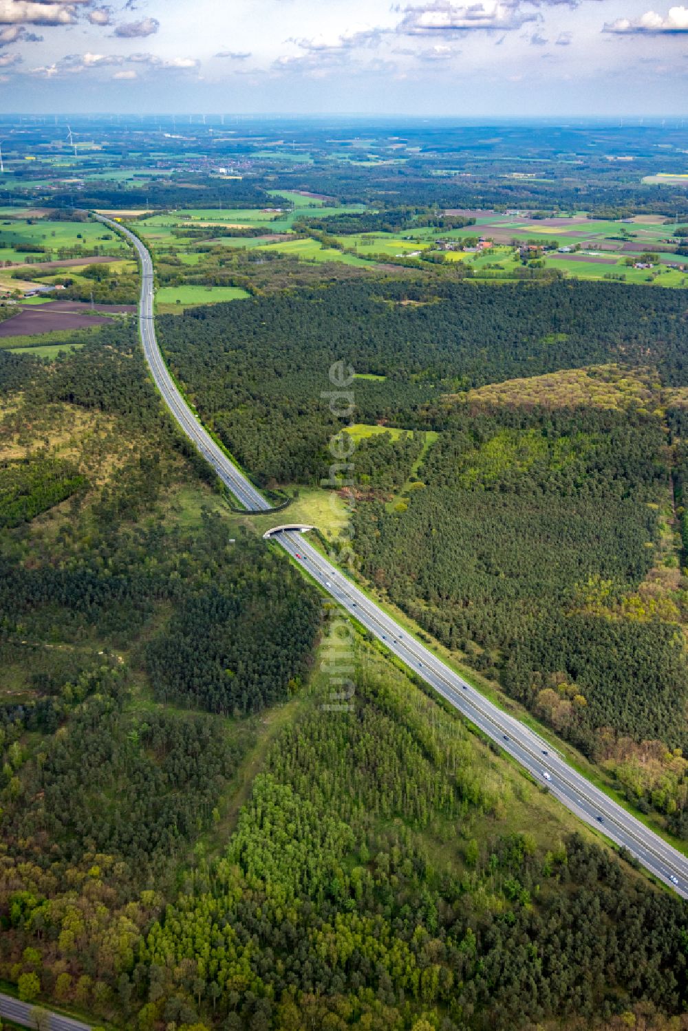 Schermbeck aus der Vogelperspektive: Autobahn- Brückenbauwerk einer als Grünbrücke angelegten Wildbrücke - Wildwechselbrücke in Schermbeck im Bundesland Nordrhein-Westfalen, Deutschland