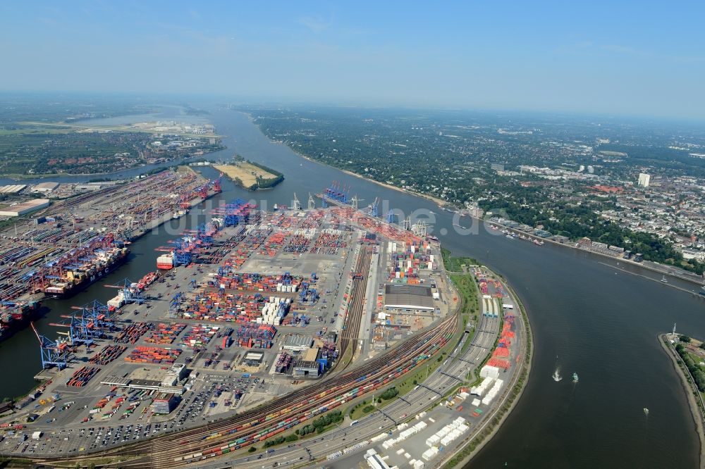 Hamburg von oben - Autobahn- Tunnelbauwerk der BAB A7 -Elbtunnel am Containerhafen des Binnenhafen HHLA - Burchardkai in Hamburg