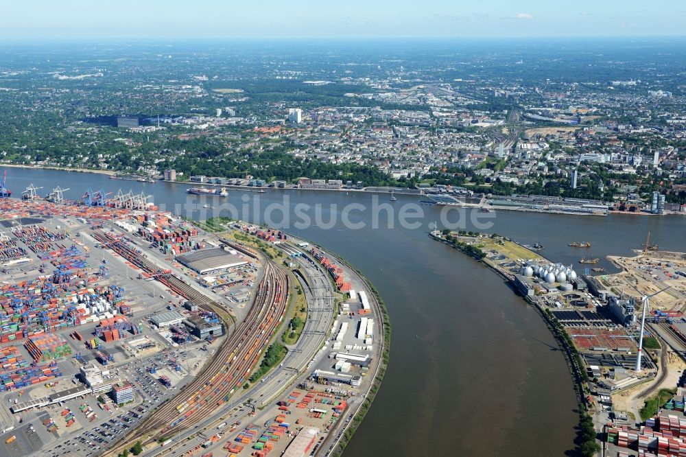 Hamburg von oben - Autobahn- Tunnelbauwerk der BAB A7 -Elbtunnel am Containerhafen des Binnenhafen HHLA - Burchardkai in Hamburg