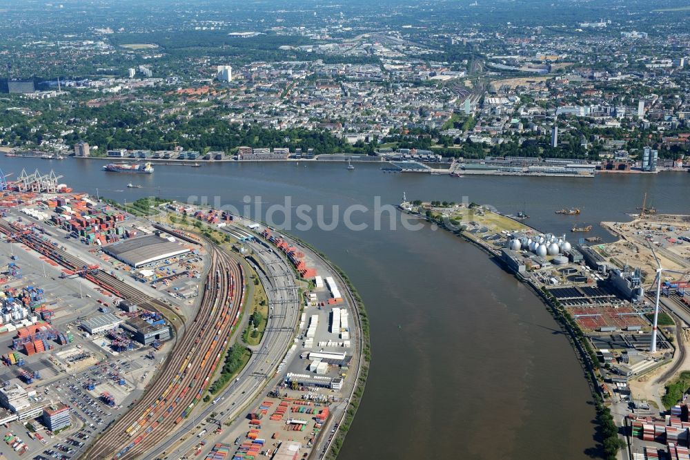 Hamburg aus der Vogelperspektive: Autobahn- Tunnelbauwerk der BAB A7 -Elbtunnel am Containerhafen des Binnenhafen HHLA - Burchardkai in Hamburg