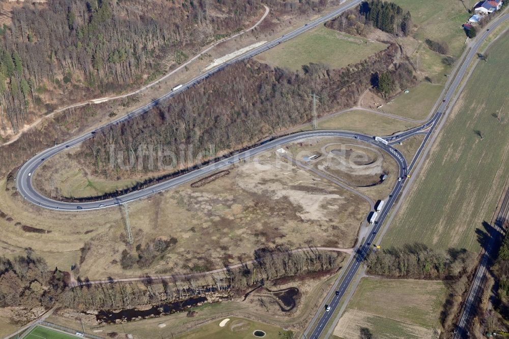 Bad Säckingen von oben - Autobahnabfahrt der BAB A98 auf die Bundesstrasse B34 in Bad Säckingen im Bundesland Baden-Württemberg, Deutschland