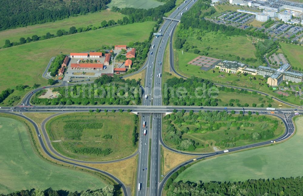 Rangsdorf von oben - Autobahnabfahrt BAB A10 - E30 zur B96 in Rangsdorf im Bundesland Brandenburg