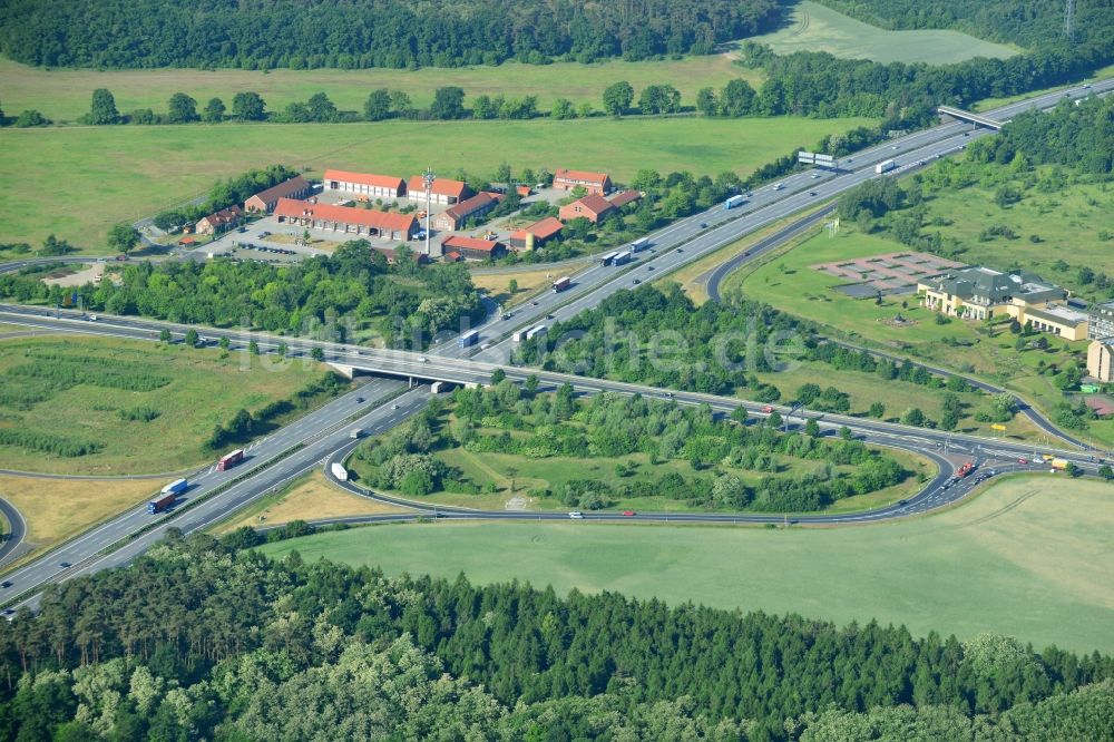 Rangsdorf von oben - Autobahnabfahrt BAB A10 - E30 zur B96 in Rangsdorf im Bundesland Brandenburg