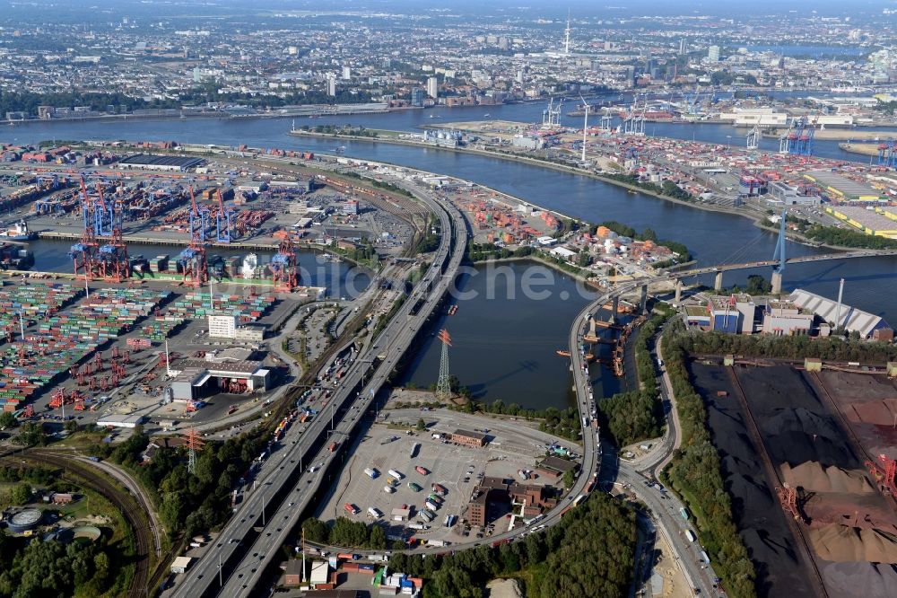 Hamburg aus der Vogelperspektive: Autobahnabfahrt A7 HH-Waltershof und Kurvenverlauf Finkenwerder Straße in Hamburg-Mitte / Waltershof