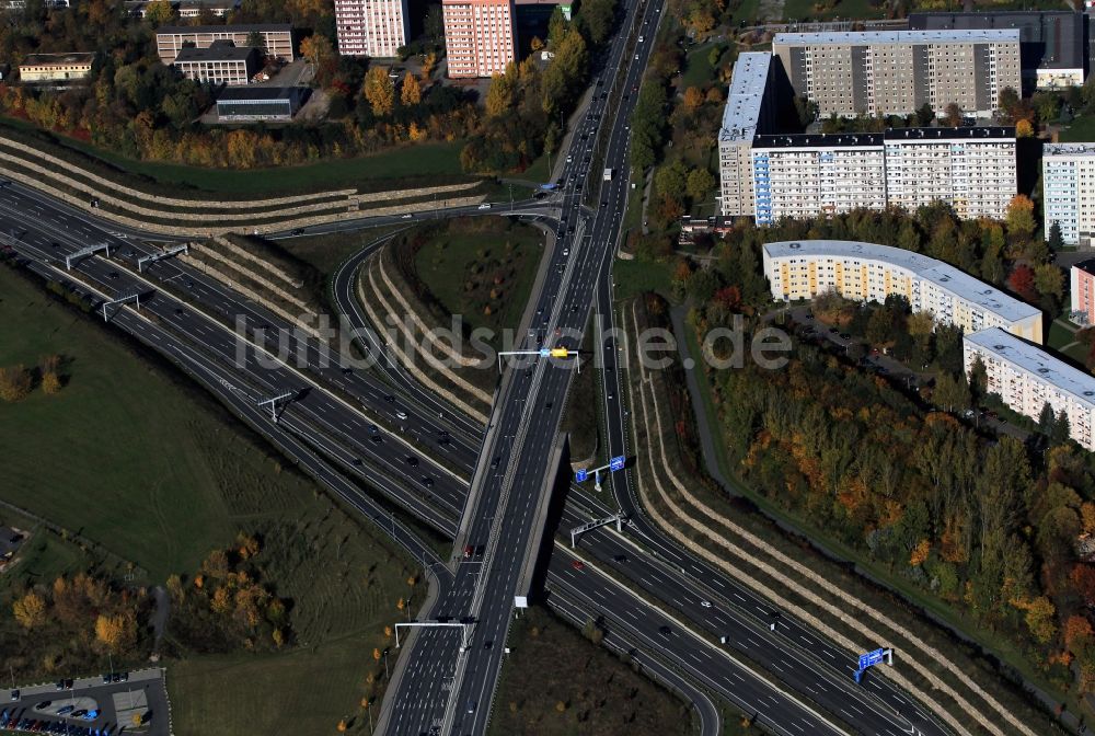 Jena aus der Vogelperspektive: Autobahnbrücke Stadtrodaer Straße über die Bundesautobahn A4 in Jena in Thüringen