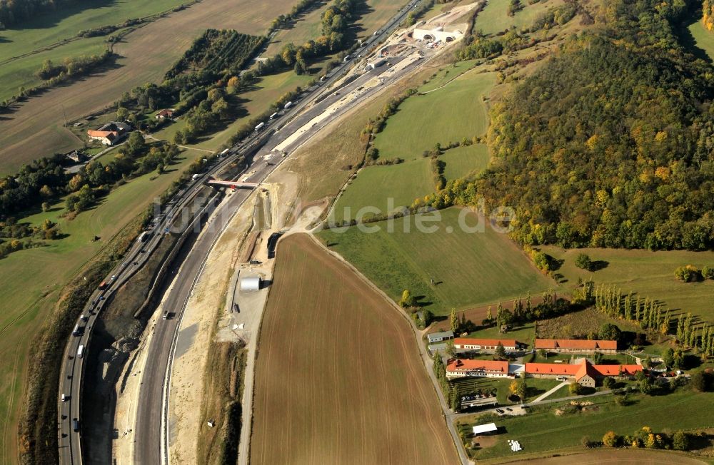 Jena aus der Vogelperspektive: Autobahnverlegung Europastrasse E40 A4 bei Jena im Bereich des Jagdbergtunnels in Thüringen