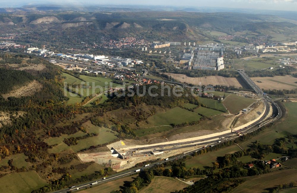 Jena von oben - Autobahnverlegung Europastrasse E40 A4 bei Jena im Bereich des Jagdbergtunnels in Thüringen