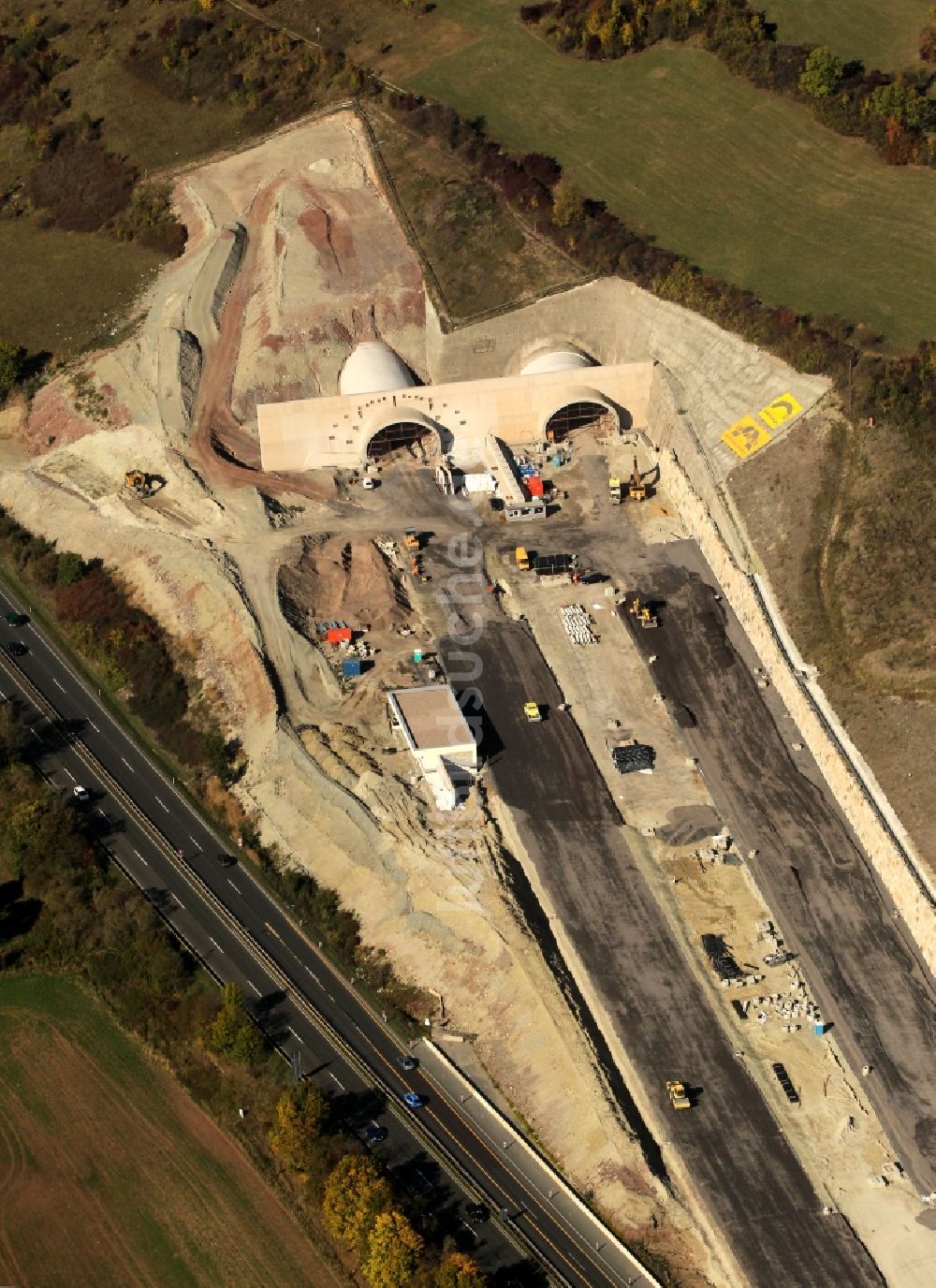 Jena aus der Vogelperspektive: Autobahnverlegung Europastrasse E40 A4 bei Jena im Bereich des Jagdbergtunnels in Thüringen