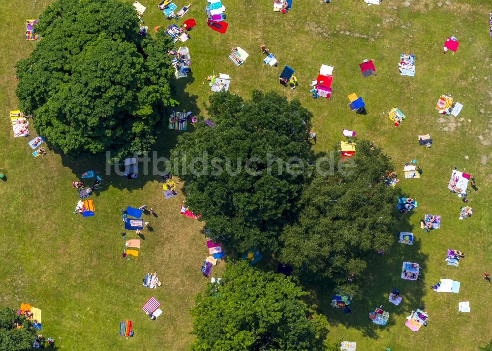 Bochum von oben - Badegäste auf den Liegewiesen in Bochum im Bundesland Nordrhein-Westfalen