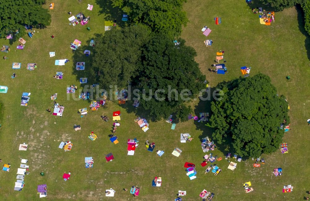 Bochum aus der Vogelperspektive: Badegäste auf den Liegewiesen in Bochum im Bundesland Nordrhein-Westfalen