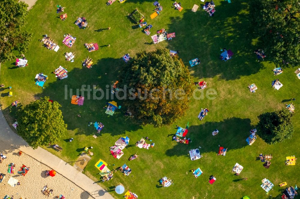 Luftbild Düsseldorf - Badegäste auf den Liegewiesen am Schwimmbecken des Freibades in Düsseldorf im Bundesland Nordrhein-Westfalen